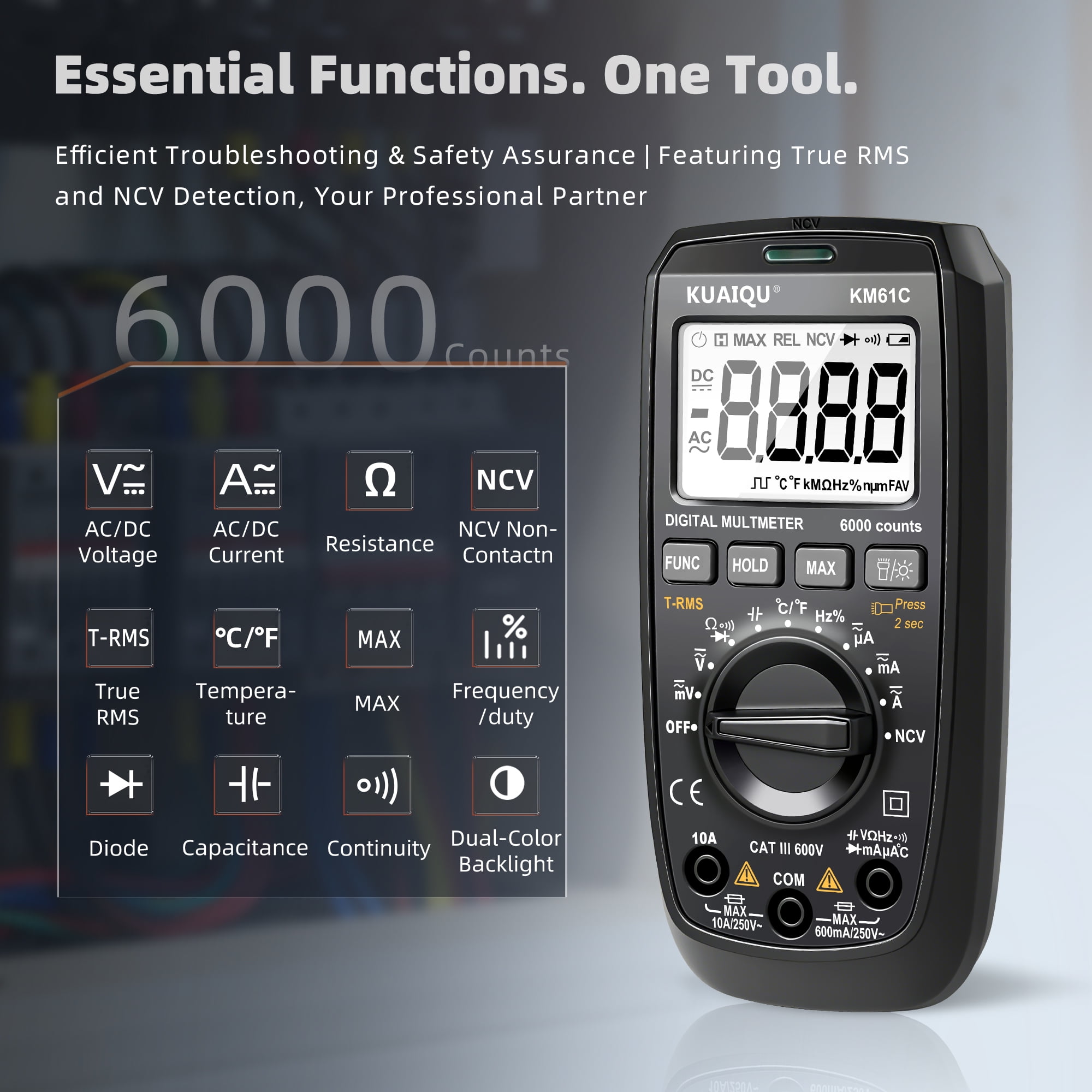KUAIQU Digital Multimeter TRMS 600V AC/DC Voltage Tester 6000 Counts NCV Ohmmeter Measures Resistance Capacitance Frequency Temperature Diodes Suitable for Electronics HVAC Multimeter KM61C
