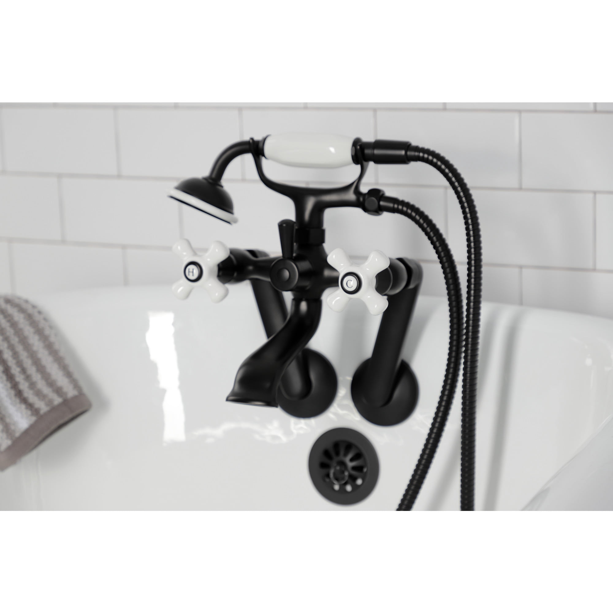 Kingston Brass KS269PXMB Kingston Three-Handle 2-Hole Tub Wall Mount Clawfoot Tub Faucet with Hand Shower in Matte Black