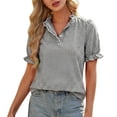 thumbnail image 3 of Women's Plaid Puff Sleeve Summer Top | V Neck Button Up Shirt Blouse for Work Casual, 3 of 8