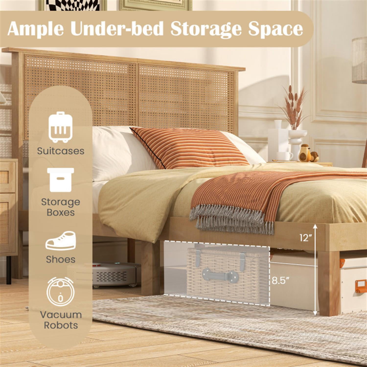 Demi Bonn Full Size Bed Frame with Rattan Headboard, Platform Bed Frame with 12 Strong Wood Slat Support, No Box Spring Needed, Beige