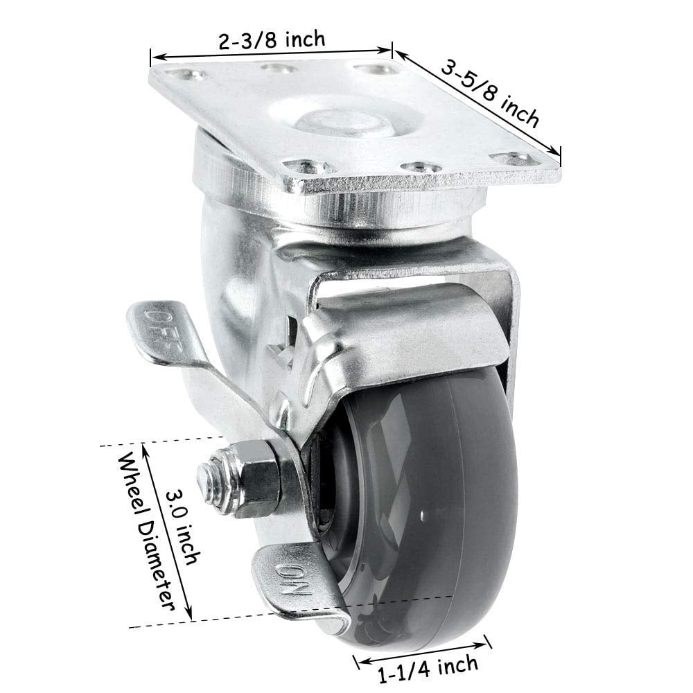 SY America 3" 4 Pack Caster w/ Gray Polyurethane Wheel Top Annular Plate, Top Plate Caster, 1200 lbs Total Capacity (3 inches pack of 4, 2 Swivel w/ Brakes & 2 Rigid)