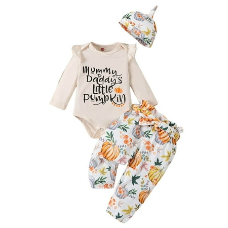 

Sobgg25 Toddler Kids Girls Outfit Halloween Letters Prints Long Sleeves Romper Hoodies Pumpkin Prints Pants Hat 3pcs Set Outfits