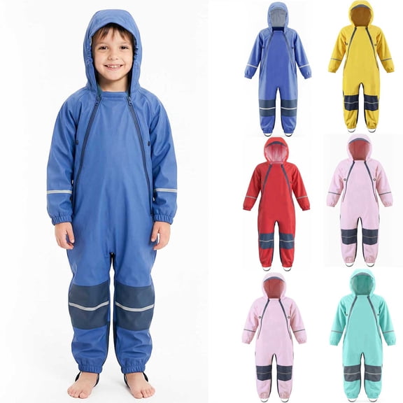Kids One Piece Rain Suit – Solid Color Waterproof Hooded Full Body Raincoat with Reflective Strips – Lightweight Breathable Rain Gear for Boys & Girls – Outdoor,Camping & School