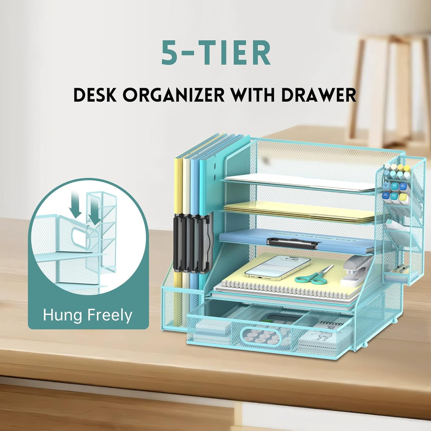 INTIGE Paper Organizer for Desk with 3 Pen Holders, 5-Tier Desk Organizer Tray with Handles, Metal File Organizer Storage