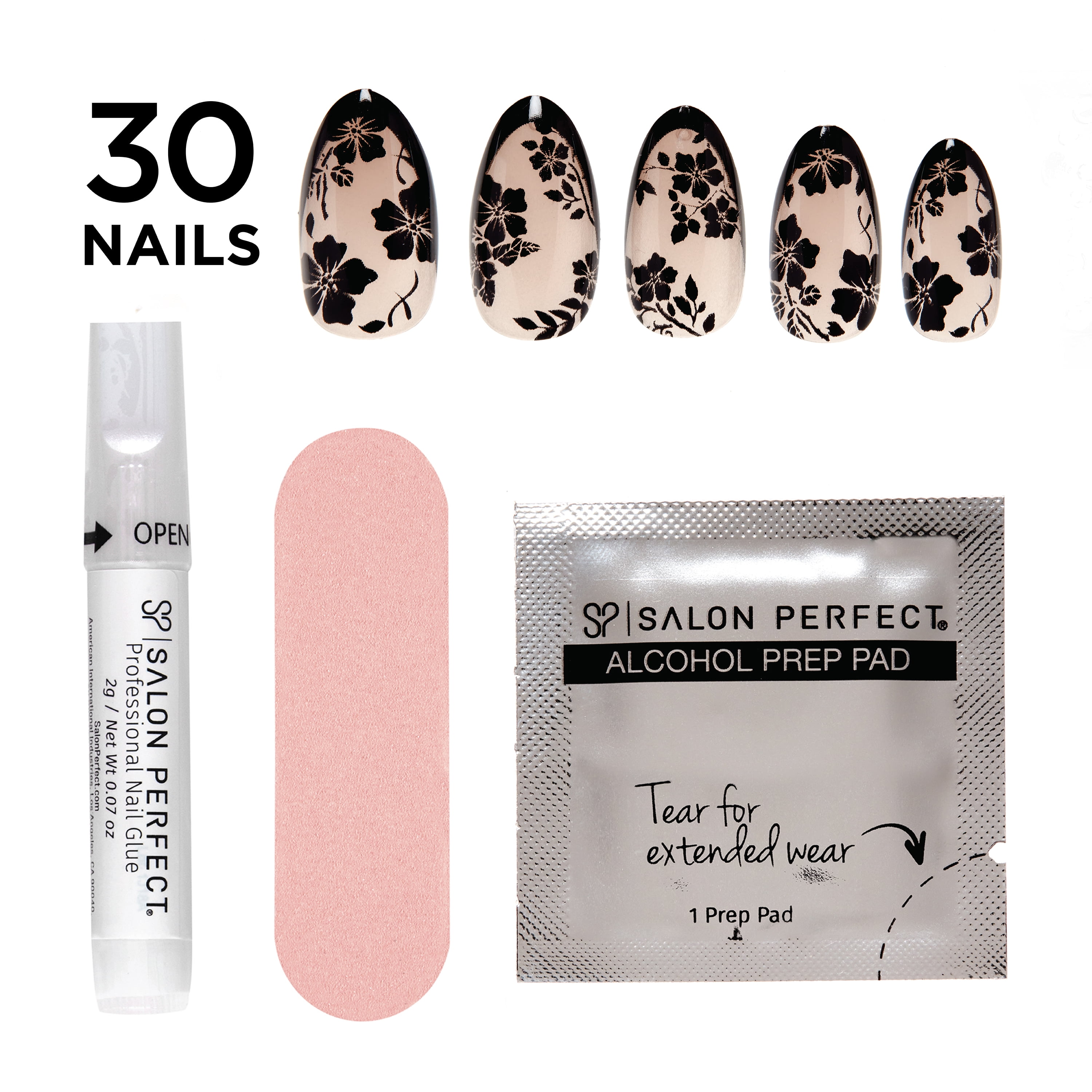 Salon Perfect Artificial Fake Press On Nails, 510 Modern Nostalgia, Black French, Short Almond, File, Glue, and Prep Pad Included, 30 Nails