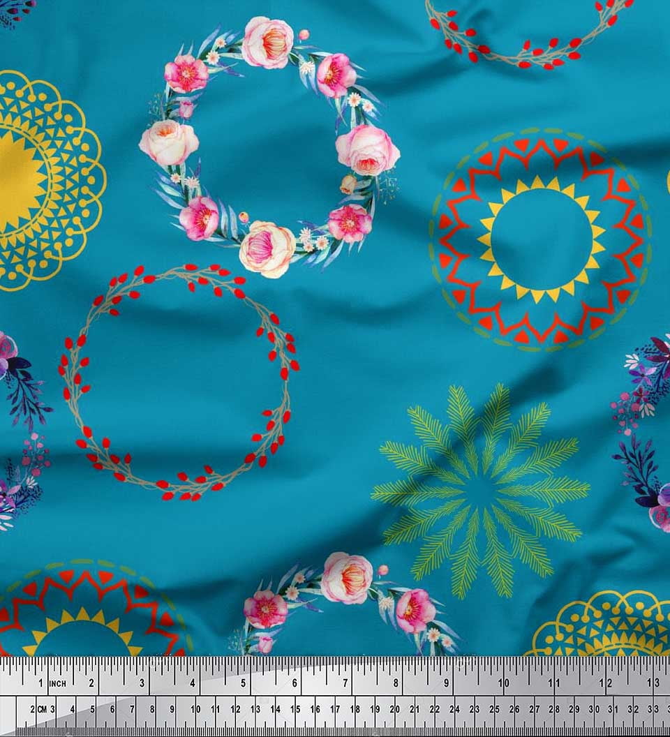 Soimoi Blue Cotton Jersey Fabric Mandala Floral Wreath Flower Print soimoi-blue-cotton-jersey-fabric-mandala-floral-wreath-flower-print