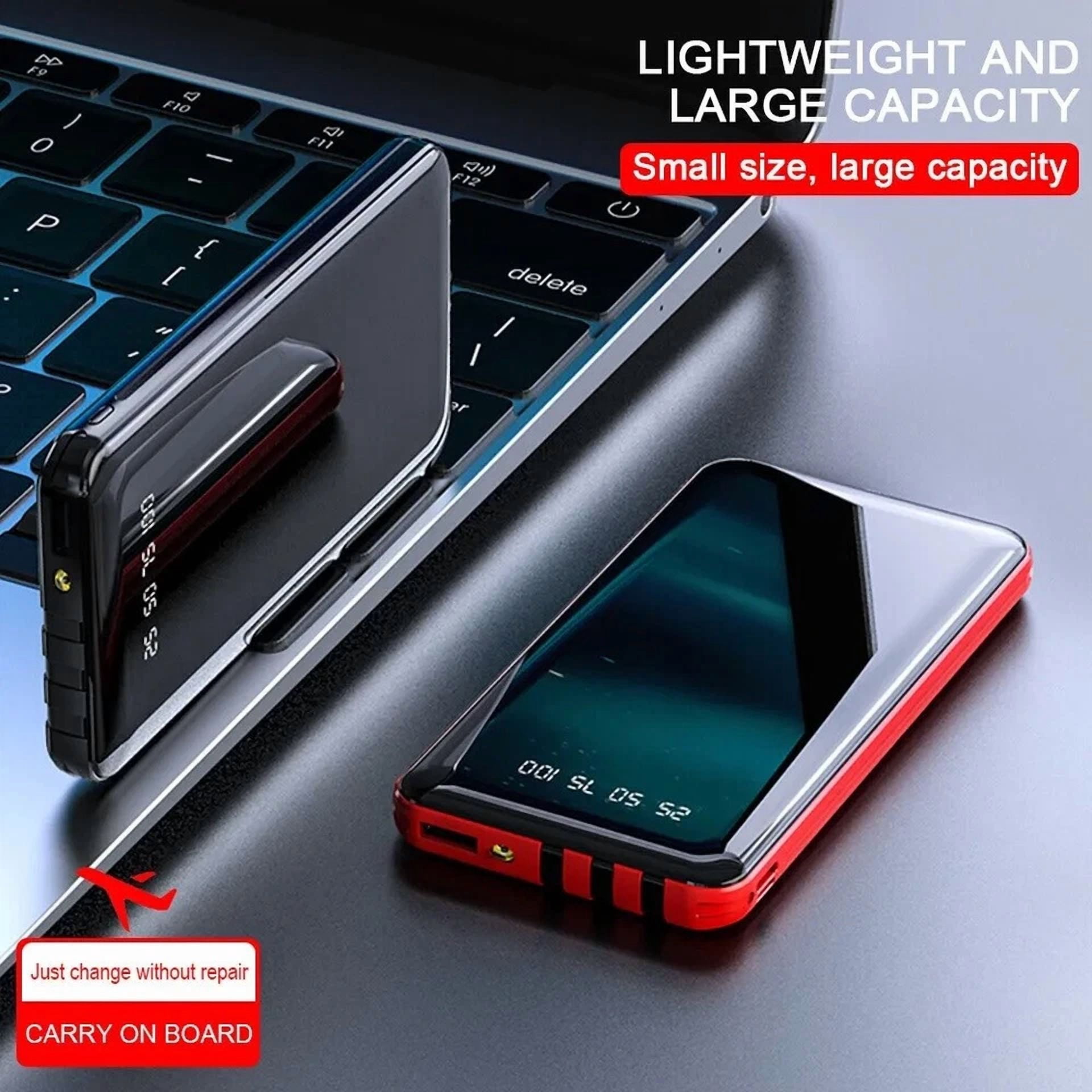 Portable Power Bank 20000Mah Fast Charging Battery With 4 Built In Cables Red