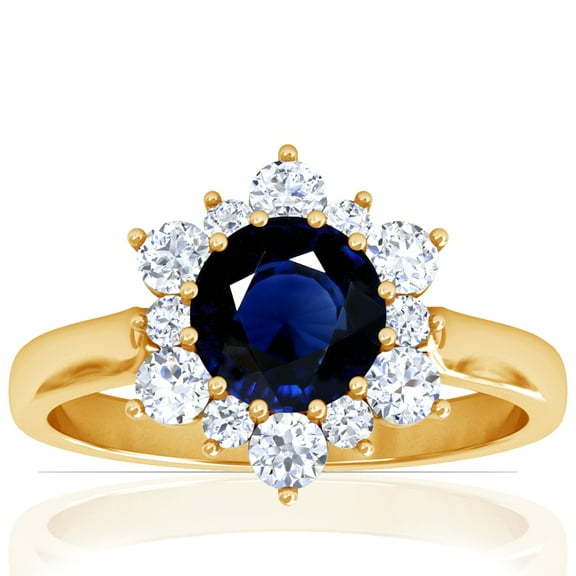 GemsNY September Birthstone - Prong Set Round Blue Sapphire Sunburst Diamond Halo Ring (Grade - AA | 1.16cttw)