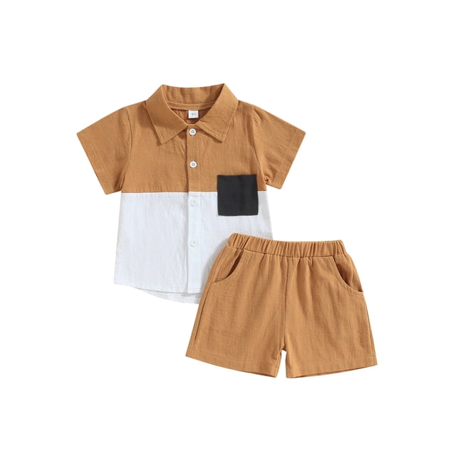 Faithtur Vêtements d'Été pour Garçons Ensemble 2 Pcs Col Rabattu Manches Courtes Poche Couleur Contrastée Shorts Couleur Unie