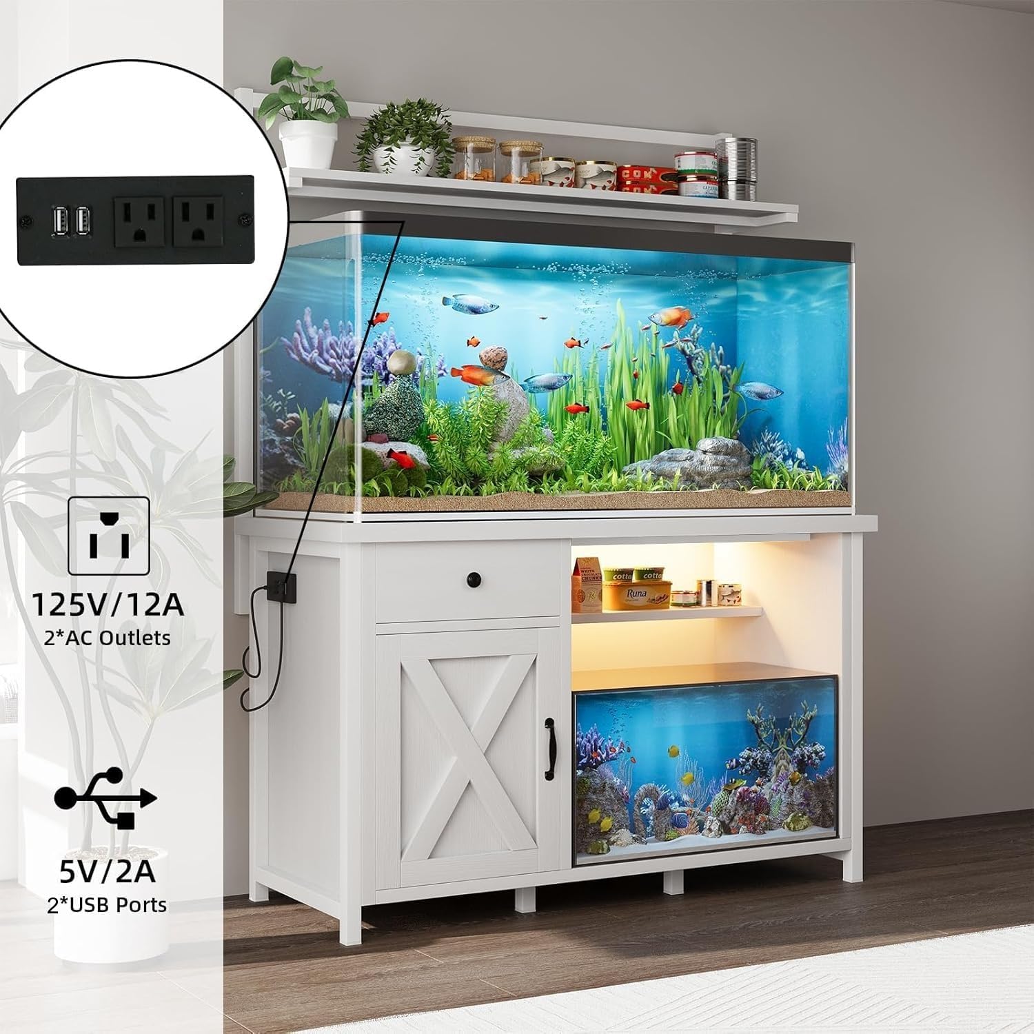 Catrimown Fish Tank Stand with Power Outlet and Led Light, Cabinet for 55-75 Gallon Aquarium, RGB Lighting Strip Ideal for Turtle Enclosure, Supports up to 1100 Pounds, White