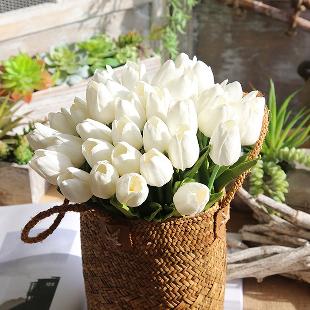 Fake Tulips Artificial Flowers, Real Touch PU Faux Flowers, Tulip Stems for Wedding, Spring Bouquet Floral Arrangement Home Party Office Decorations for Mother's Day (White/20 Pcs) 13.98Inches
