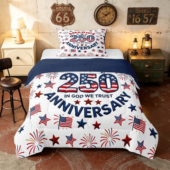 Manfei America 250 Anniversary Twin Comforter Sets, Festival Fireworks Bedding Set, Red Blue White, Navy Reversible 2pcs, 1 Comforter and 1 Pillowcase