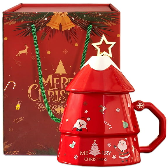 Christmas Tree Shape Mug with Lid & Spoon - 12oz Holiday Coffee Cup, Festive Holiday Xmas Tea Hot Cocoa Cup, Merry Christmas Gift for Family, Friends, Colleagues (Red)