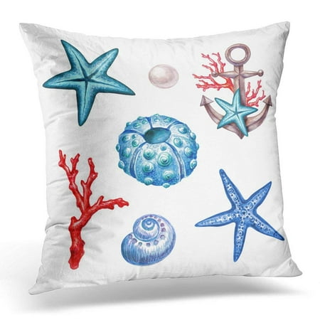 Navy And Coral Decor ARHOME Blue Beach Nautical Sea Life Coral Reef Anchor Shell Urchin Pearl Watercolor White Navy Clipart Pillows case 20x20 Inches Home Decor Sofa Cushion Cover ()