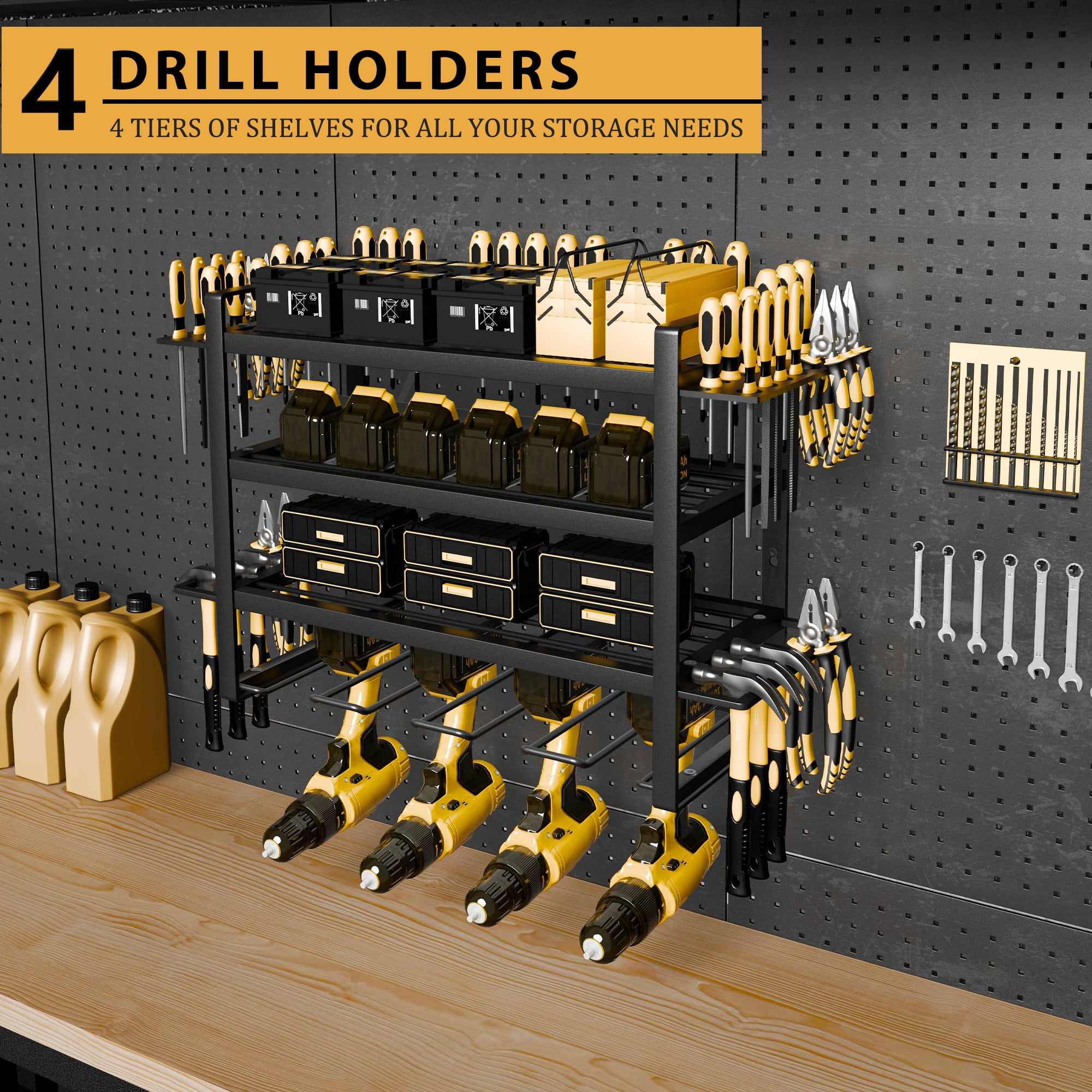 YHGJ Wall Mount Power Tool Organizer 4 Drill Holder, 4 Layer Heavy Duty Metal Power Tool Storage Rack Garage Tool Organizer Utility Tool Shelves with Screwdriver/Plier/Hammer Holder