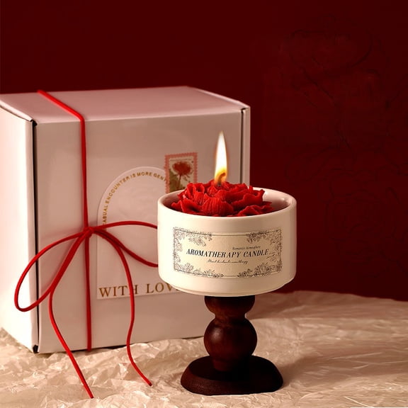 Rose Aromatherapy Candle Gift Set - 40 Hour Burn Time, 100% Natural Soy Wax, Romantic Red Rose Shaped Scented Candle with Ceramic Holder & Wooden Base, Ideal Gift for Valentine's Day, Mother's day