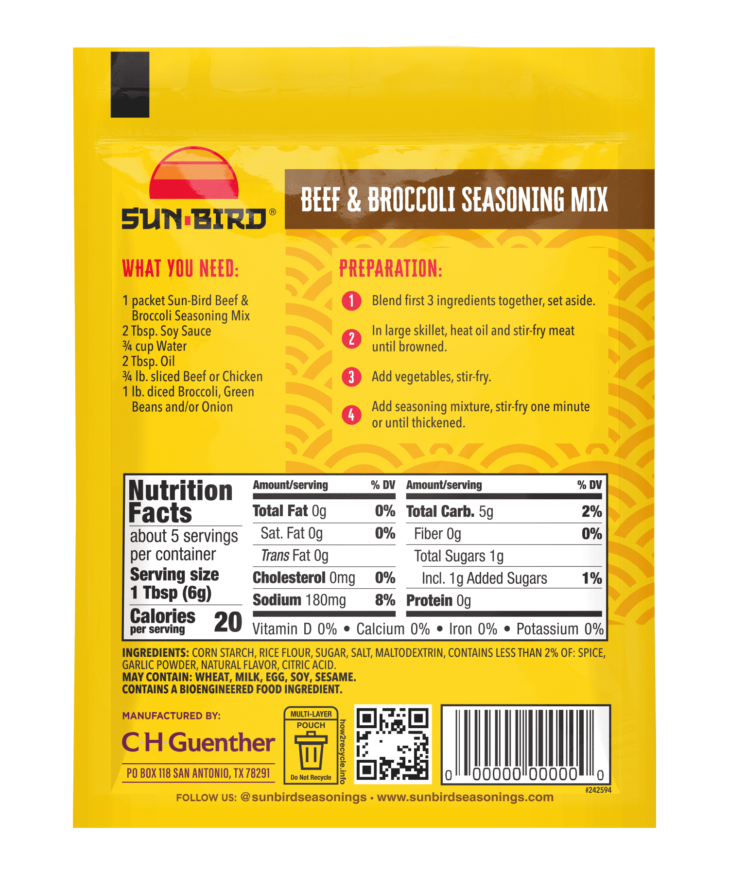 (6 pack) Sun-Bird Beef & Broccoli Seasoning Mix, 1 oz Pouch