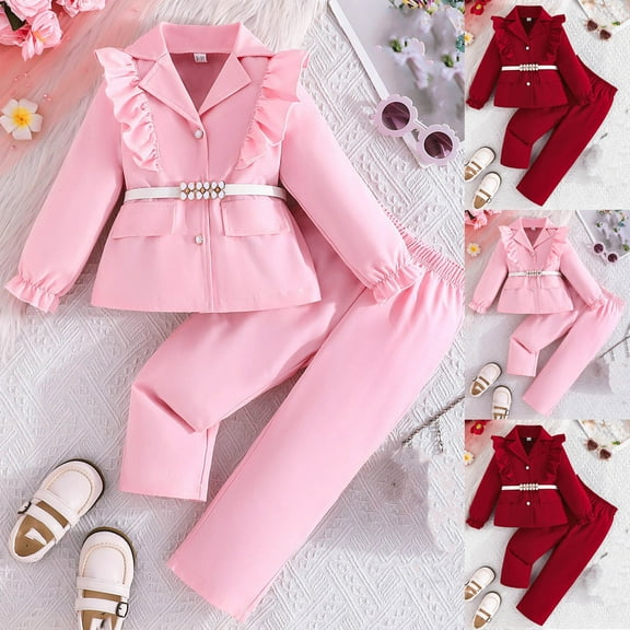 WRKEKC Girls Winter Outfits 2-8 Years Elegant Solid Color Long Sleeve Ruffle Blazer Belted Top and Pants Three Piece Warm Trendy Fall Outfit Set