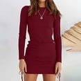 thumbnail image 2 of Womens Rib Knit Pullover Sweater Dress Long Sleeve Crewneck Solid Color Mini Bodycon Dress with Drawstring, 2 of 7
