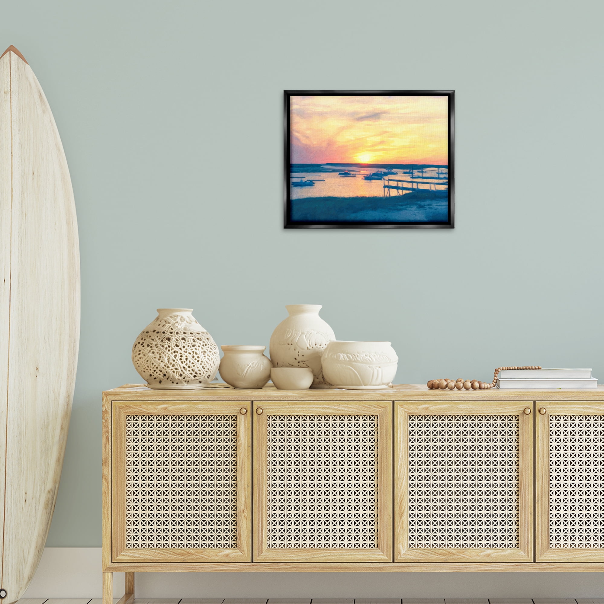 Stupell Industries Boats Illuminated at Sunset Landscape & Nature Painting Black Floater Framed Canvas Art Print Wall Art, 21 x 17