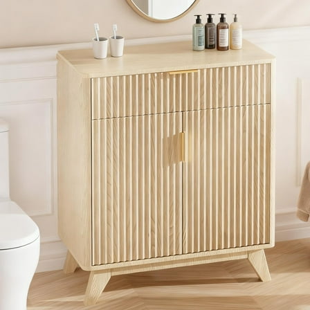 GoDecor Modern Bathroom Cabinet with 2 Doors & Drawer, Storage Pantry with Adjustable Shelf Bathroom Floor Cupboard Wooden Freestanding for Washing Room