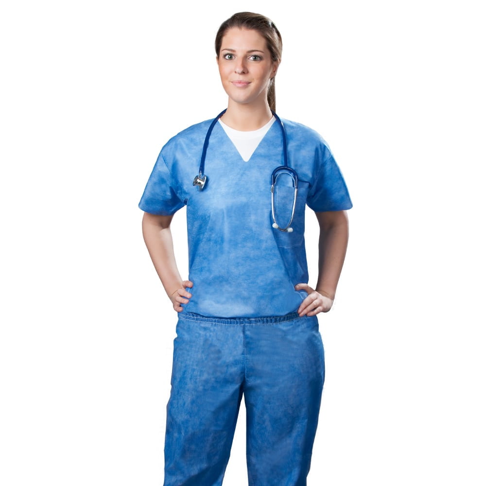 Tronex SMS440 Disposable Scrub Shirt, Fluid-Resistant, Blue, Medium, Case of 50