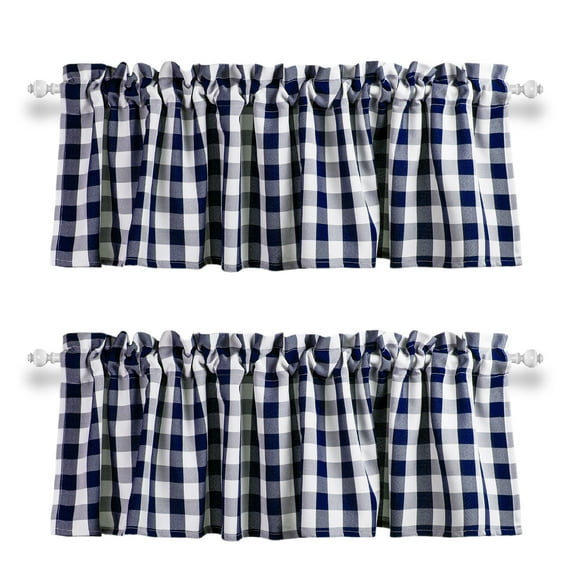 Aiking 2 Panels of 56" x 16" Picnic Plaid Rod Pocket Window Curtain Valances, Polyester, Navy and White