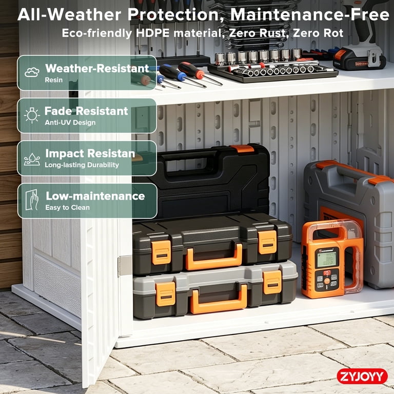 ZYJOYY Outdoor Storage Shed, 15 cu ft Resin Horizontal Cabinet
