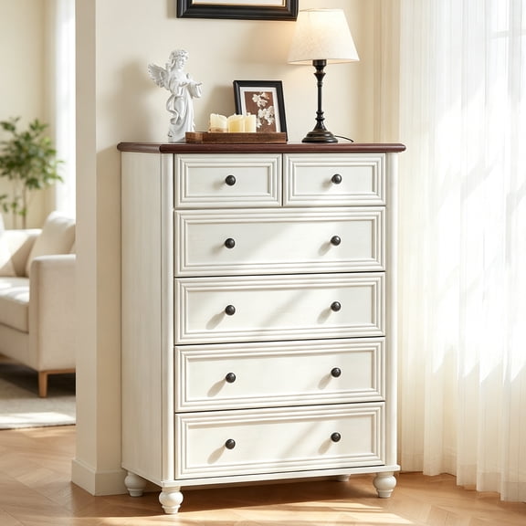 Joaxswe Tall 6 Drawers Dresser Fluted Dresser for Bedroom, Farmhouse Chest of Drawers Wooden Dresser for Closet, White