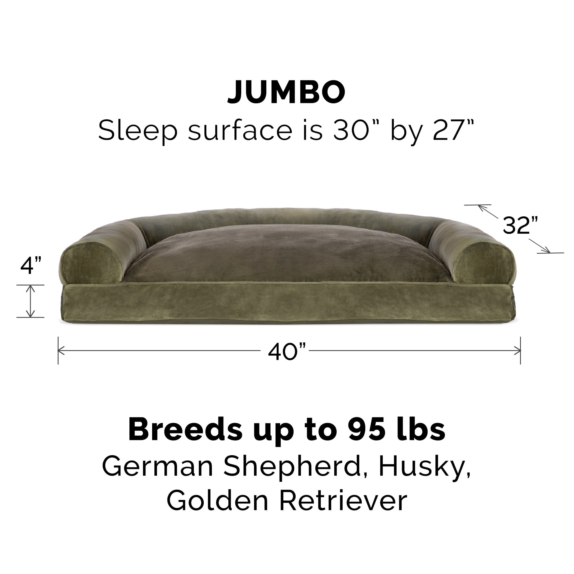 FurHaven Classic Sofa Orthopedic Dog Bed with Pillow Fill Base for Joint Support, Removable Washable Cover, Jumbo XL, Faux Fur & Velvet, Dark Green