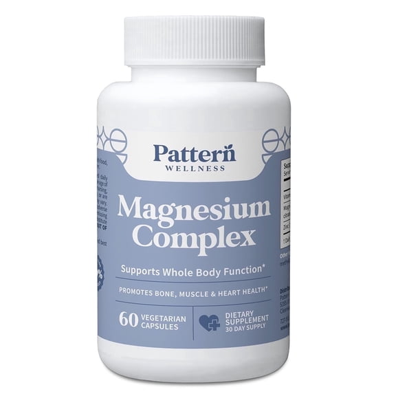 Pattern Wellness Magnesium Complex - Natural Sleep   Mood Support, Bone   Muscle Health, Overall Wellness - Added Zinc - 60 Vegan Capsules