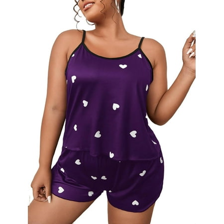 

Womens Plus Pajamas Sets Heart Print Short Sets Sleepwear PJ Set Purple 5XL