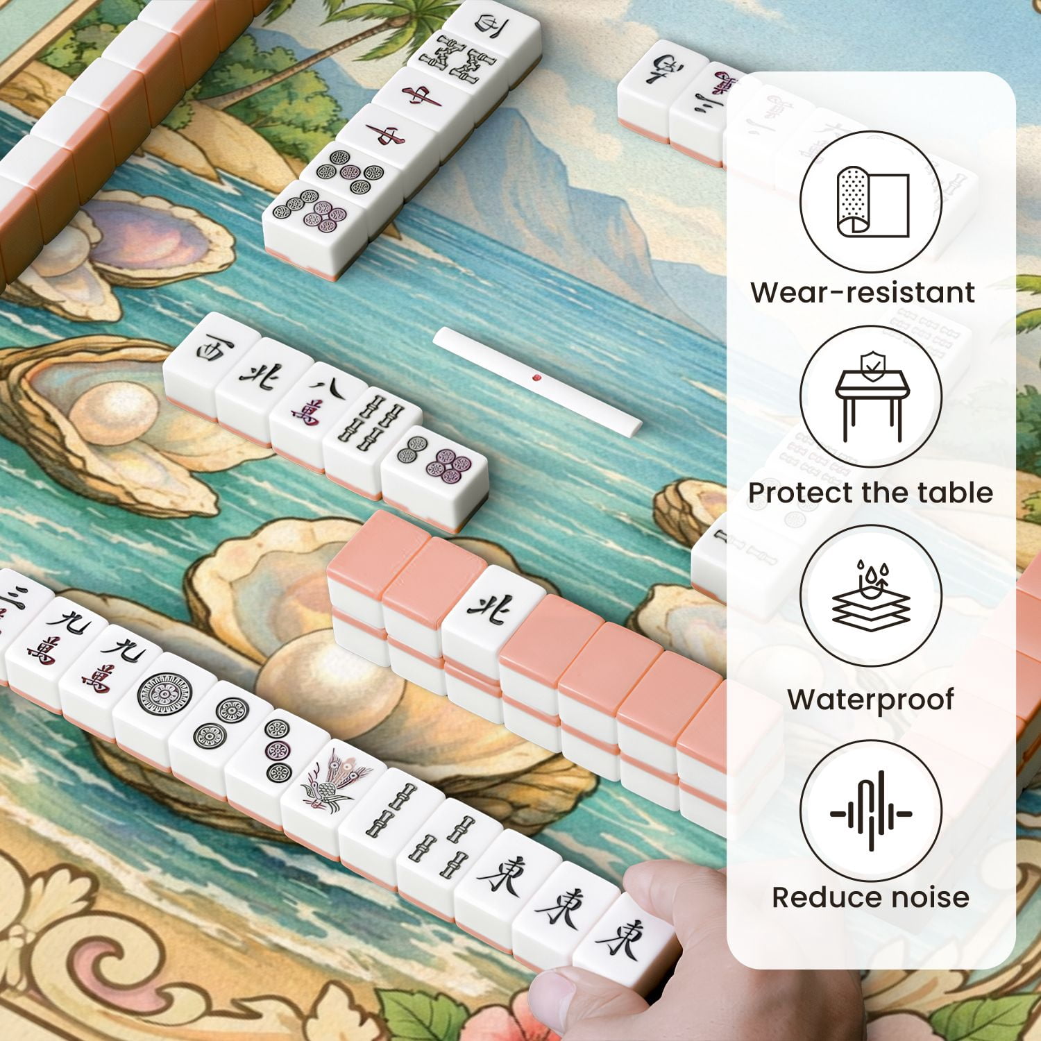 Mahjong Mat 31.5" x 31.5" Tropical Beach Oysters Palm Trees Tranquil Waters Non-Slip Noise Reduction Mahjong Tiles Table Cover for Dominoes Poker Card Board and Tile Games