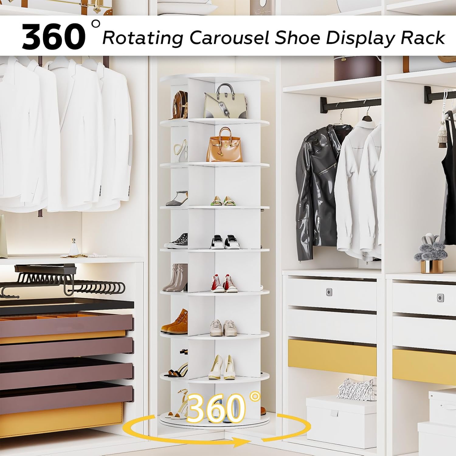 YODOLLA 8 Tier Rotating Shoe Rack, 360° Spinning Shoe Display Lazy Susan in White (23.6’’×23.6’’×71.6’’)