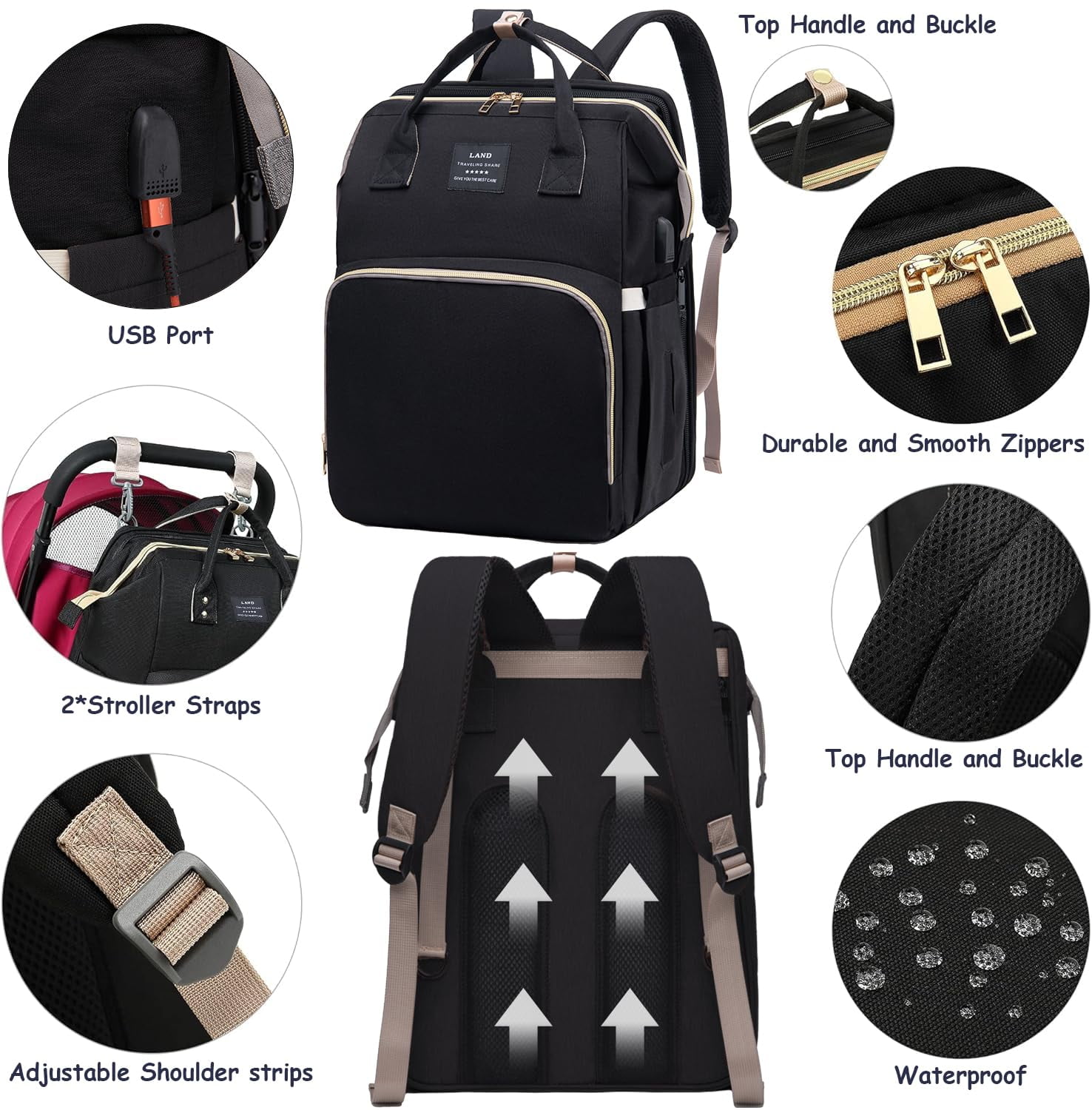 RSENFREMIOR Diaper Bag with Changing Station for Mom Dad, Large Capacity Travel Backpack with Stroller Straps ,3 in 1 Waterproof Foldable Changing Bag with Foldable Crib for Girls Boys