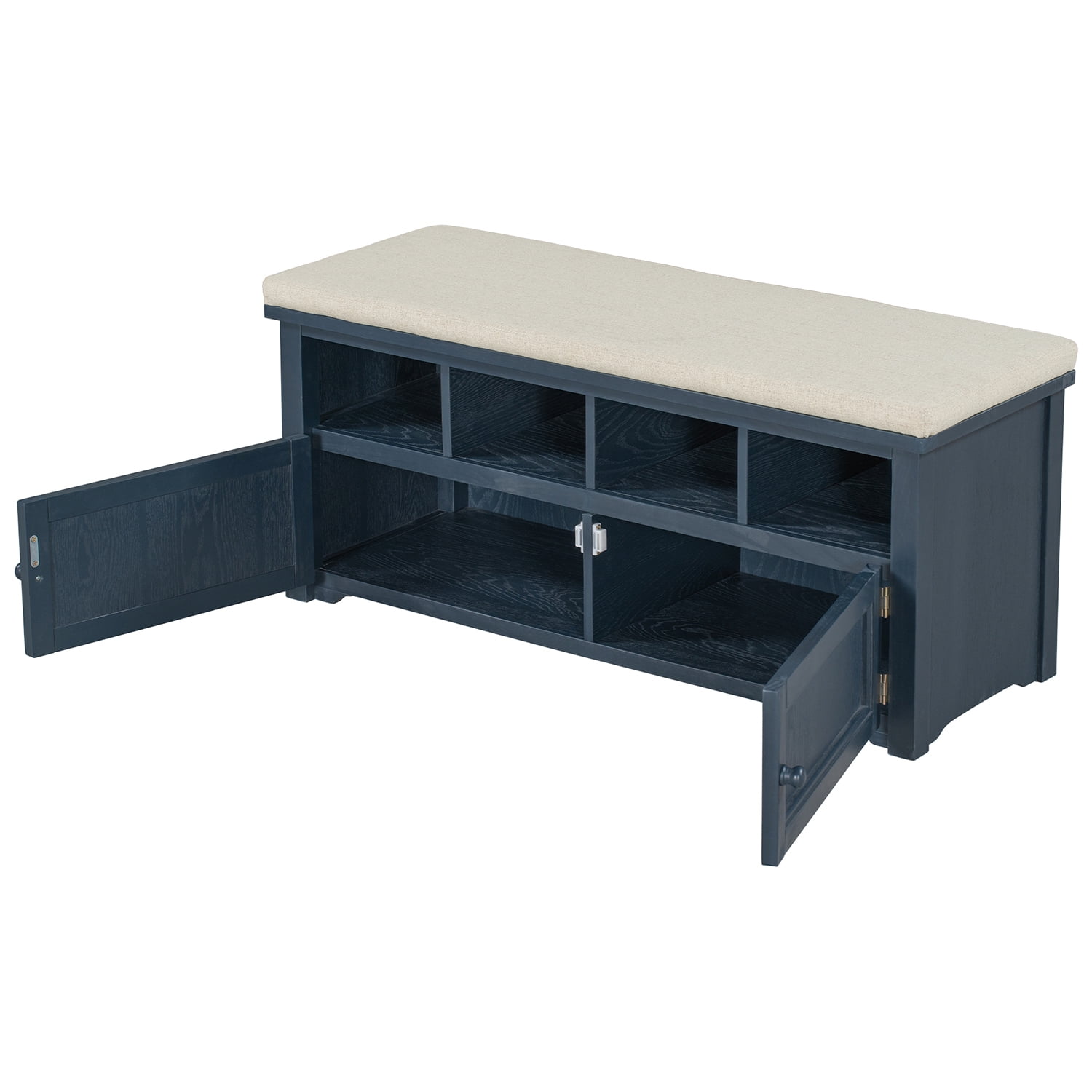 Kadyn Rustic Style Two-Door Storage Bench, Shoe Entryway Bench with Linen Upholstered Top Cushion, Pine Organizer Footrest Bench Ottoman for Entryway, Antique Navy Kadyn Rustic Style Two-Door Storage Bench, Shoe Entryway Bench with Linen Upholstered Top Cushion, Pine Organizer Footrest Bench Ottoman for Entryway, Antique Navy