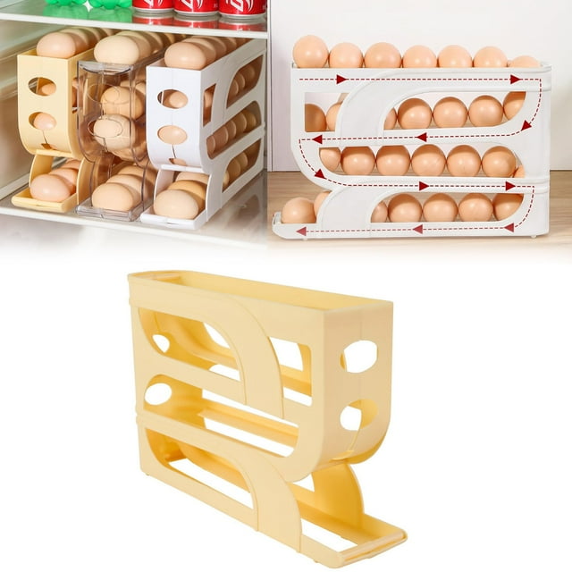 Dusknt Egg Holder for Fridge 4 Tiers Automatic Rolling Fridge Egg Organizer Space Saving Refrigerator Egg Dispenser Holder 30 Eggs Egg Rack Egg Dispenser for Refrigerator