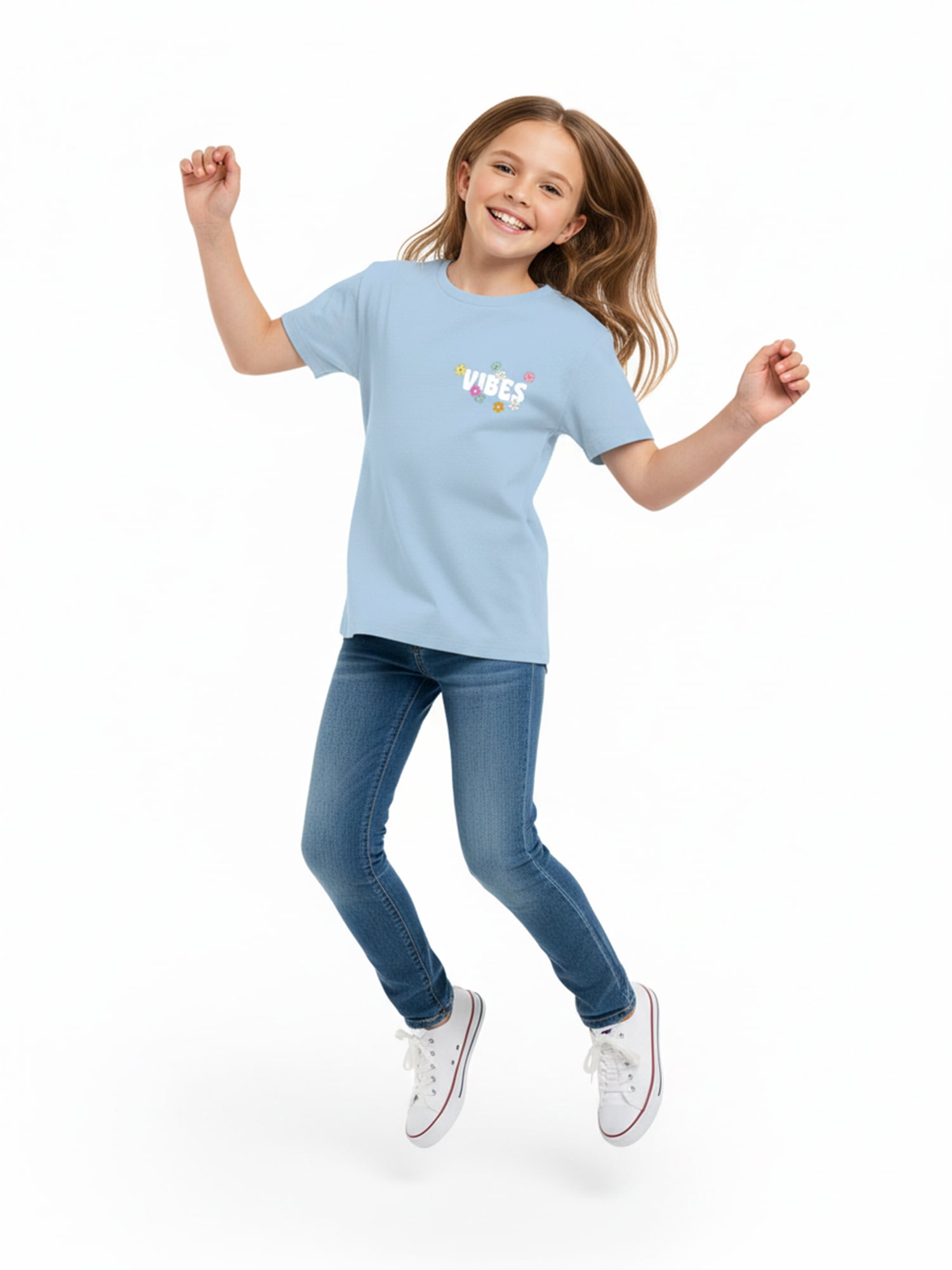 Wonder Nation Girls Vibes & Flowers Graphic Tee with Short Sleeves, Sizes 4-18