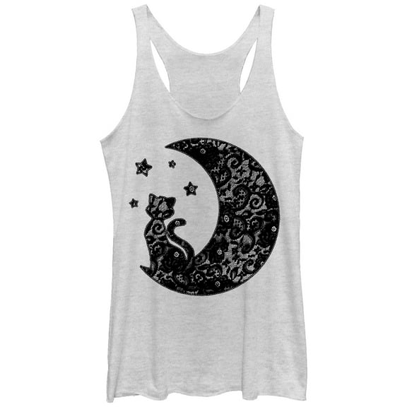 Women's Lost Gods The Cat in the Moon Lace Print  Racerback Tank Top White Heather Medium