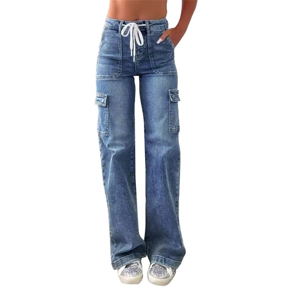 Audhol Drawstring Jeans Women Women's High Waisted Cargo Jeans Straight Leg Baggy Denim Pants Casual Jean Trousers with Pockets Womens Cargo Pants with Pockets Dark Blue L