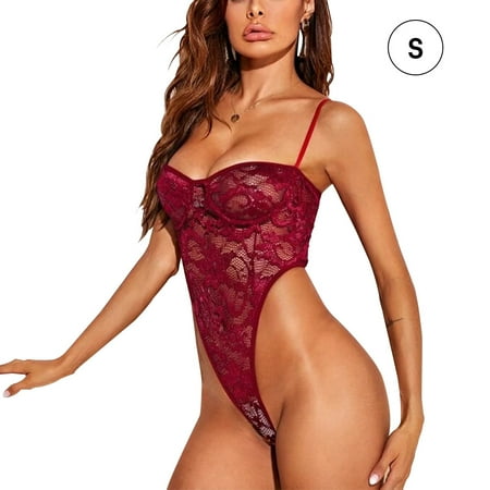 

Women Sexy Lingerie Open Back Strap Design Bodysuit Lace Mesh Jumpsuit Wine Red S