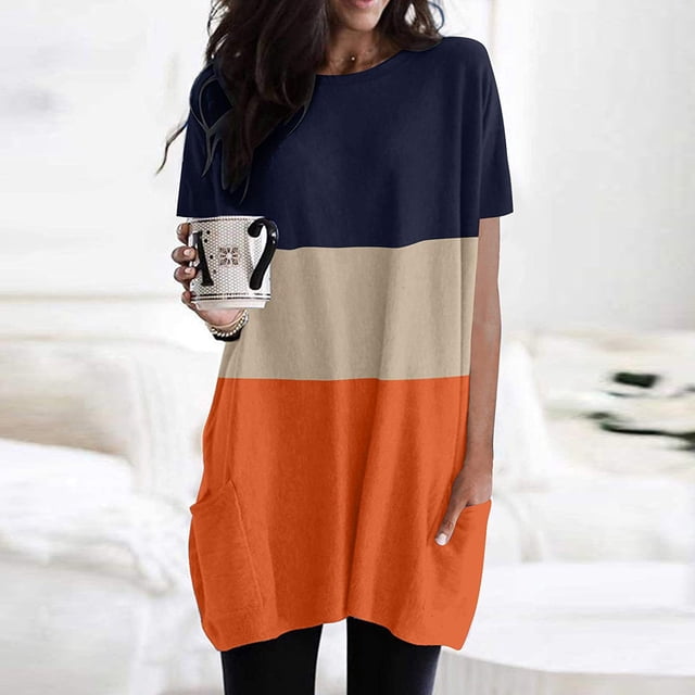 Gspmoly Robes pour Femmes, Robe Tunique Longue Décontractée Légère à Manches Courtes et Coupe Ample avec Poches, Robe de Cocktail Offres du Jour