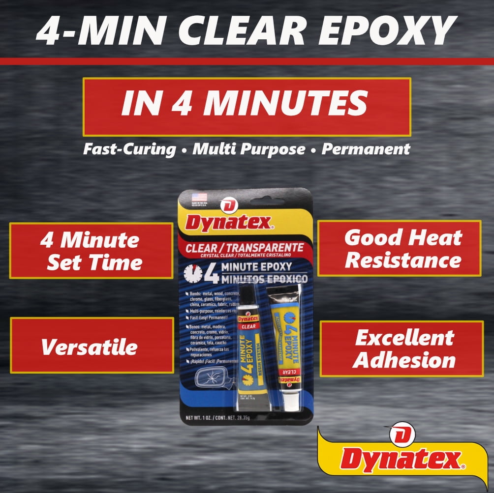 Dynatex 4 Minute Clear Epoxy Adhesive 2 oz - 60 Min Working Time, Bonds & Repairs Metal Wood Concrete Glass, Clear Machinable (10-Pack)