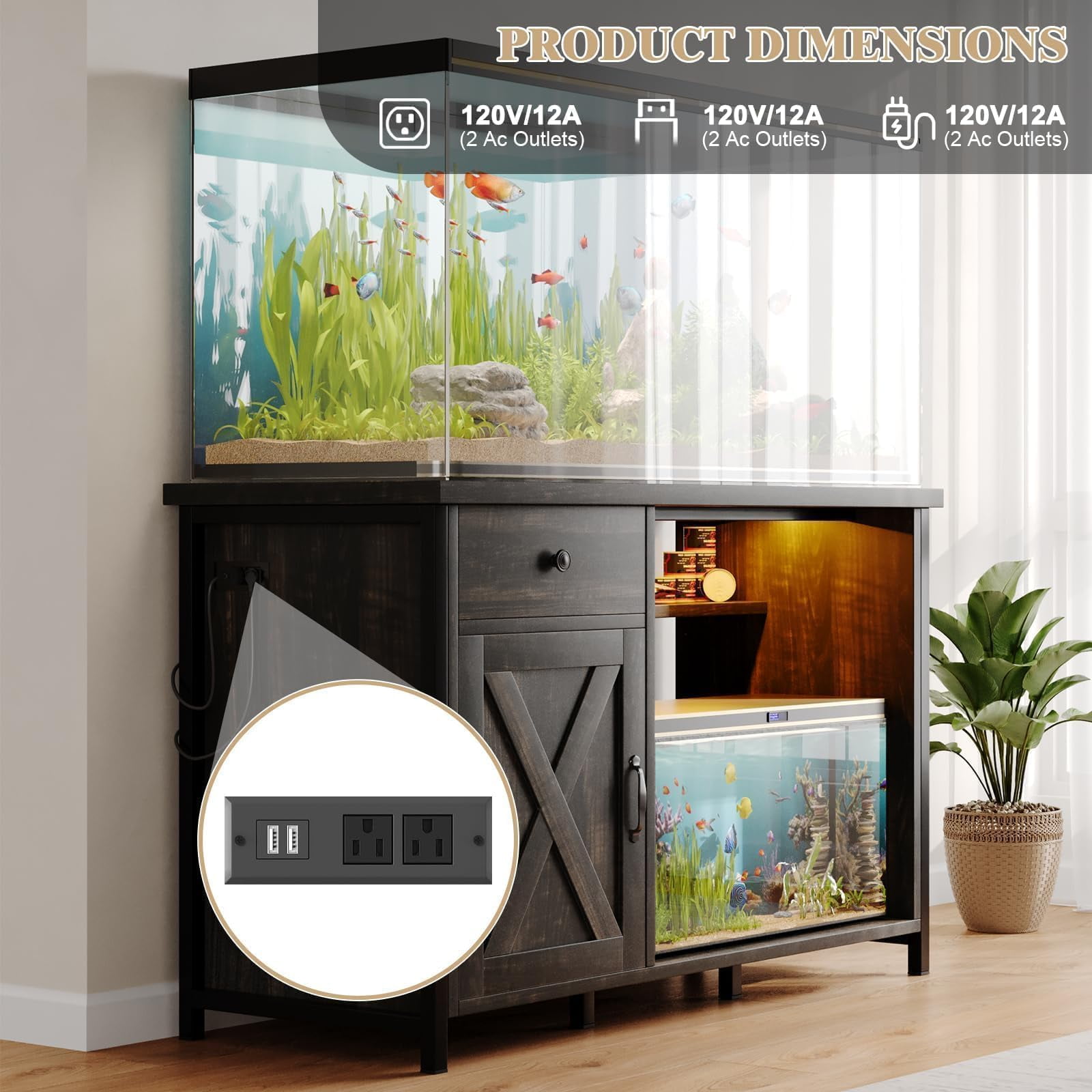 DreamCurship 55-75 Gallon Aquarium Stand with Storage Cabinet & Power Outlets LED Light, Fish Tank Stand with Drawer & Barn Door, Suitable for Fish Tank Stand, Turtle Tank, Reptile Terrarium, Oak