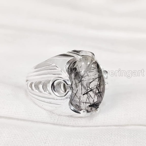 Black Rutile Mans Ring, Natural Black Rutilated Quartz, Quartz Silver Jewelry, 925 Silver Ring, Gift, Heavy Mens Ring, Arabic Design, Ottoman Style Ring, Christmas, Turkey Mens Signet Ring