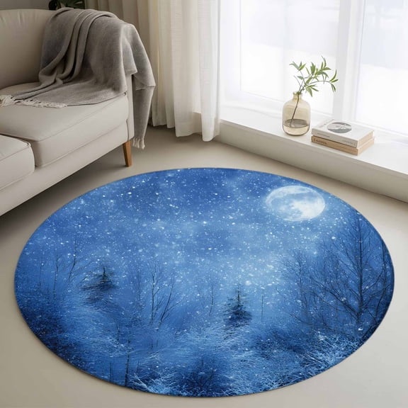 Round Rug 3.3Ft Washable Non-Slip, Blue Night Landscapes Circle Area Rugs for Living Room Bedroom, Christmas Winter Snowfall Forest Indoor Floor Mats Carpet Runner for Home Decor Aesthetic