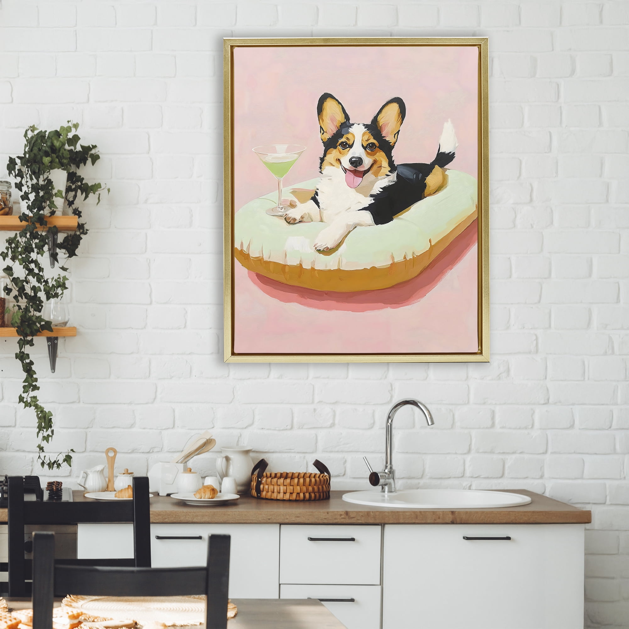 Stupell Industries Pastel Corgi with Cocktail Gold Framed Floater Canvas Wall Art, design by The Prints Vibe