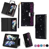 Decase for Samsung Galaxy Z Fold 5 Stylish Wallet Case,Bling Glitter Leather Zipper Pocket 9 Card Holders Stand Function Magnetic Clasp Detachable Lanyard Purse Case for Galaxy Z Fold 5,Black