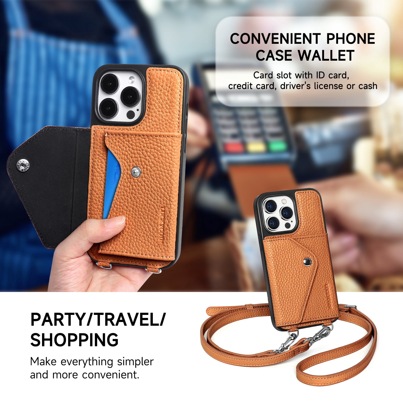 Handmade Genuine Leather Crossbody Wallet Phone Case for Apple iPhone 15 Pro 6.1-Inch,with Strap and Flip Wallet Card Holder,Shockproof Durable Scratch Protective