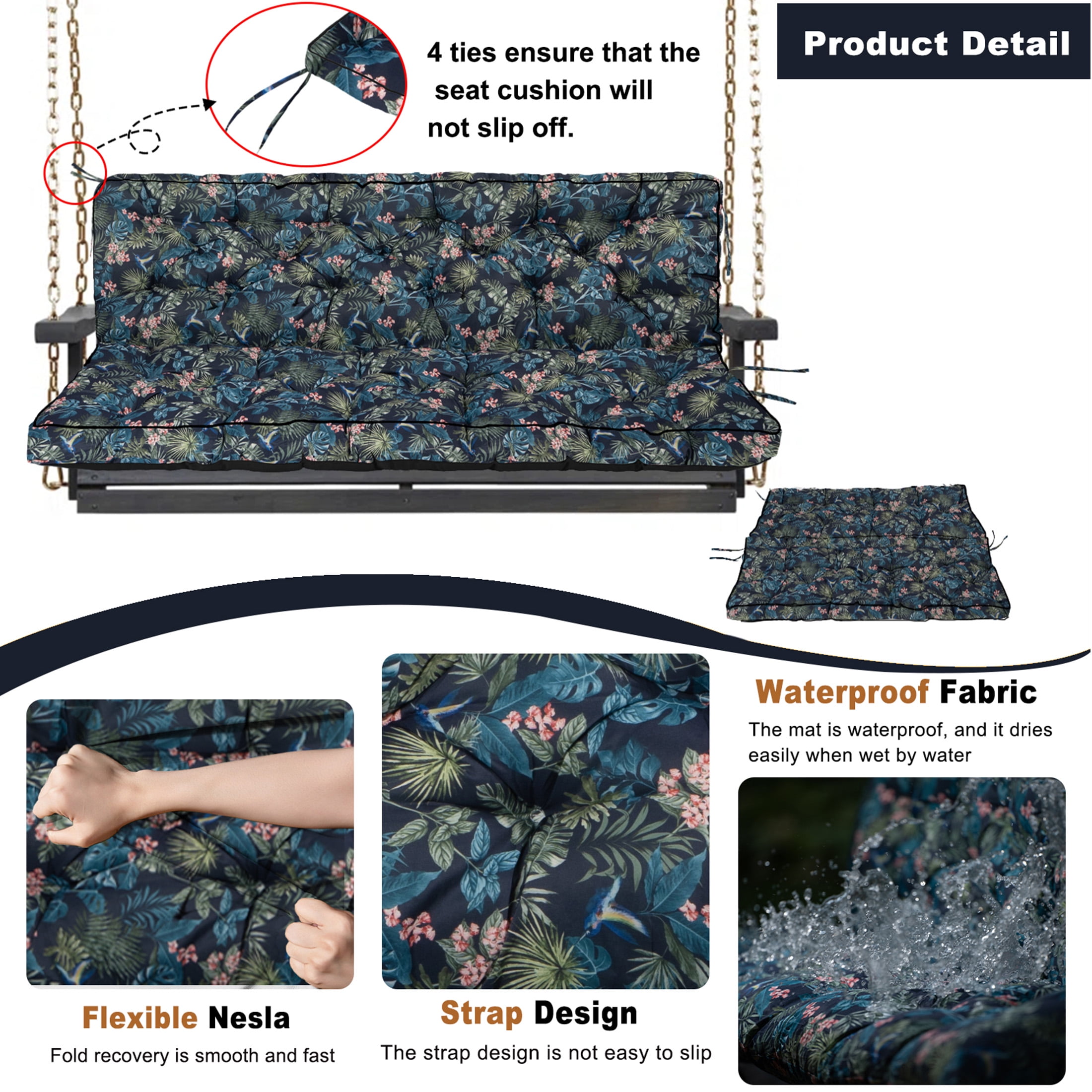 Porch Swing Cushion Thicken 4", 63" Swing Cushions 2-3 Seater Replacement, Waterproof Bench Cushions with Backrest, Anti-Fading Patio Swing Chair Pads for Outdoor Garden Furniture